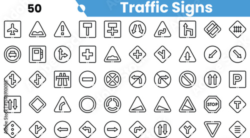A collection of various traffic signs including directional, warning, and regulatory signs depicted in a minimalist black and white style.
