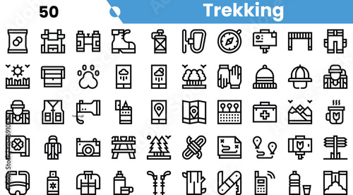 A diverse collection of trekking icons in sleek line art, depicting essential outdoor elements and activities.