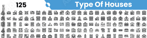 Illustration of different types of houses in a variety of styles and designs, illustrated in a sleek black and white format.