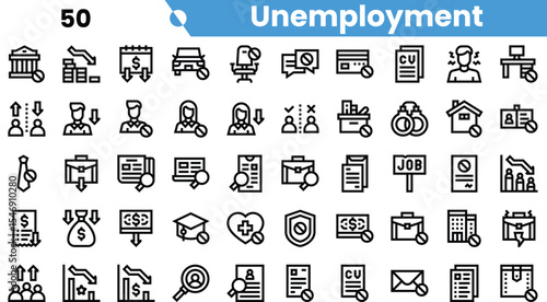 A diverse set of icons representing various aspects of unemployment, illustrating concepts such as job searching, financial assistance, and economic trends.