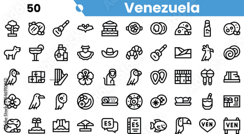 A vibrant collection of iconic symbols representing Venezuela, showcasing its culture and diversity through various illustrations.