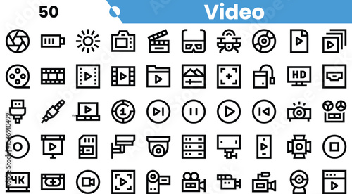 A collection of various video-related icons, featuring symbols for playback, recording, and media formats in a sleek, minimalist design.