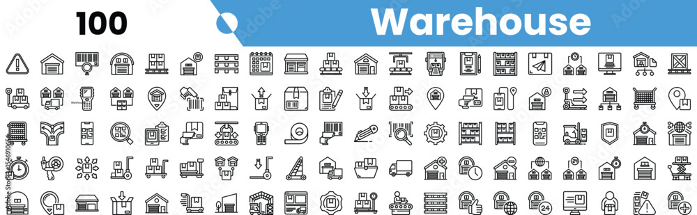 A comprehensive set of warehouse icons representing various storage and logistics elements. A comprehensive set of warehouse icons representing various storage and logistics elements.