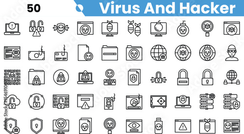 A collection of icons symbolizing viruses and hackers, featuring padlocks, skulls, shields, and globes in a minimalist style.