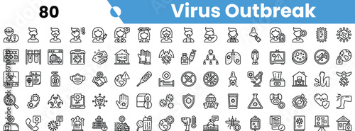 A collection of black and white icons representing various elements related to virus outbreaks such as safety, health, and medical equipment.