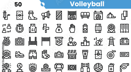 A collection of minimalistic volleyball-themed icons in black and white, showcasing various elements of the sport.