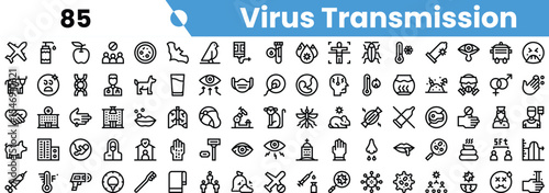 Vector icons illustrating various aspects of virus transmission, including prevention, symptoms, and environmental factors.