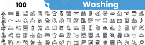 A collection of monochrome washing icons representing cleaning tools, laundry procedures, and various household items for laundry tasks.