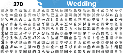 A diverse collection of wedding-themed icons, featuring celebrations, rings, dresses, and various elements representing love and marriage.