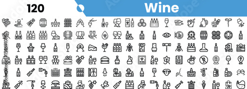 A stylish set of wine-themed icons, featuring bottles, glasses, and accessories in a minimalist black line design.