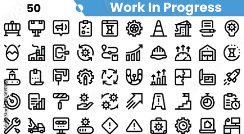 A diverse collection of icons representing 'Work In Progress' themes including construction, technology, and improvement.