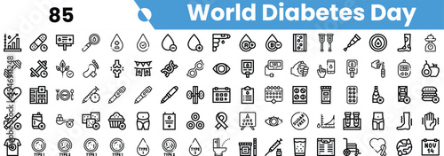 A collection of black and white icons representing World Diabetes Day, including health monitoring, nutrition, and exercise themes.