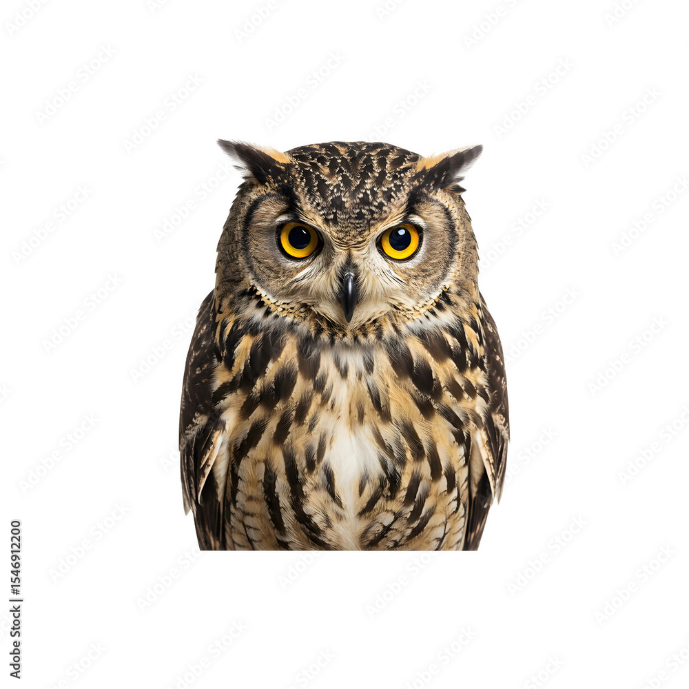 Obraz premium Close-up of a majestic owl staring intensely with yellow eyes on a white background