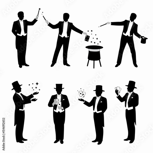 Magician silhouettes performing stage magic tricks