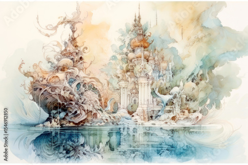 The image is made in watercolor and represents a fairy-tale fantasy landscape: a majestic palace with bizarre architecture and onion-shaped domes reminiscent of Russian churches rises on the water's  