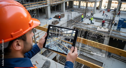 Construction worker using tablet with augmented reality interface on building site for inspection