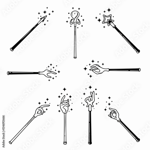 Magic wands collection with sparkling stars elements