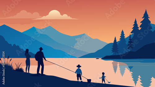 Family Fishing Adventure Sunset Silhouette at Mountain Lake