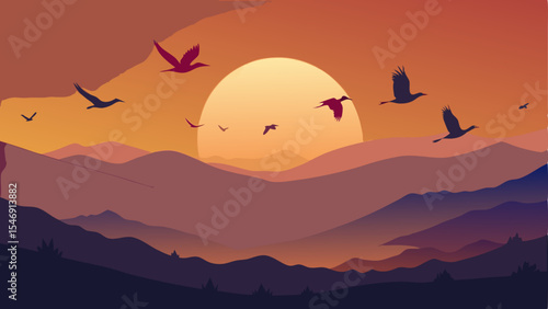 Majestic Sunset Landscape Birds in Flight Over Mountain Ranges