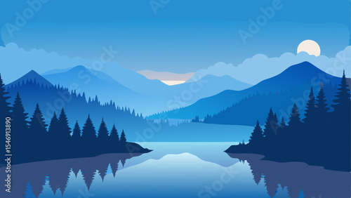 Serene Blue Mountain Lake A Peaceful Landscape Illustration