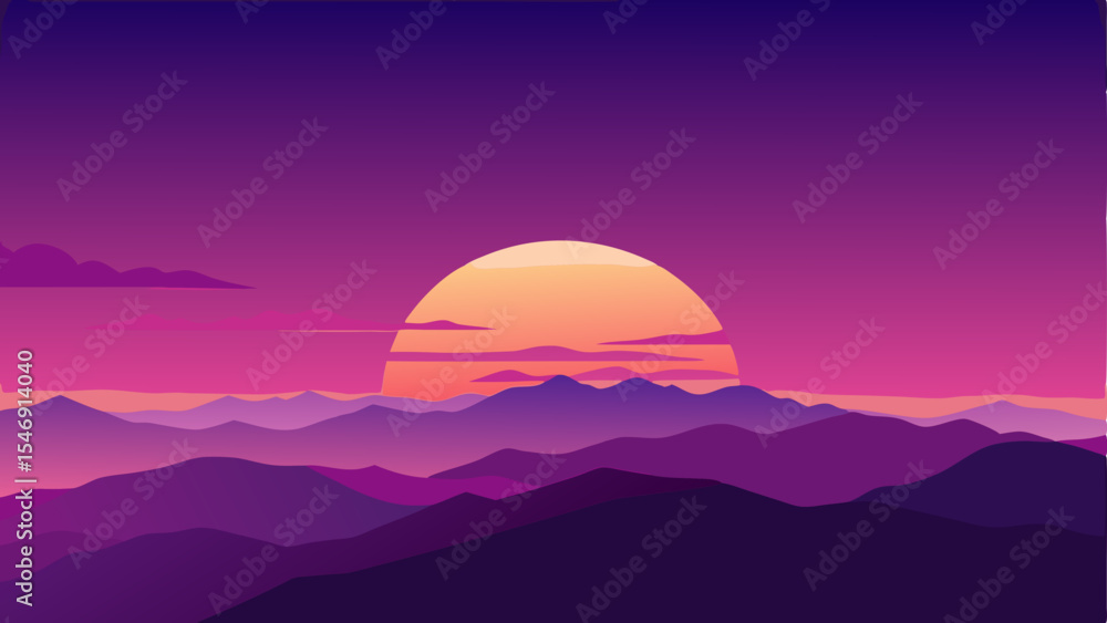 Fototapeta premium Vibrant Sunset Landscape Purple Mountains and Golden Sun