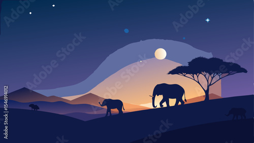 Serene African Sunset Elephants Silhouette in Night Landscape