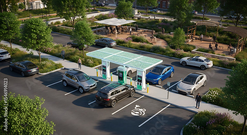 Aerial view of a solar powered ev charging station in a parking lot with parked electric vehicles