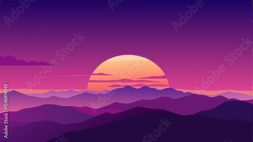 Vibrant Sunset Landscape Purple Mountains and Golden Sun