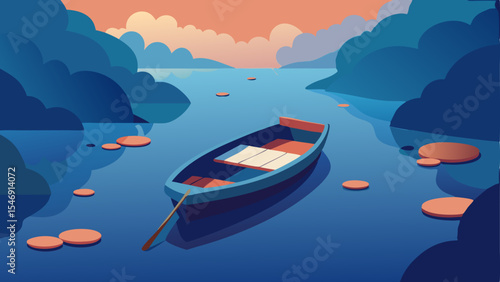 Serene Sunset A Small Boat on Calm Waters, Lily Pads and Tranquil Evening