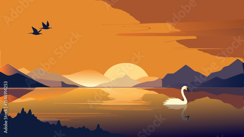 Serene Sunset A Swan's Peaceful Reflection on Calm Waters