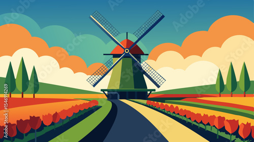 Vibrant Dutch Windmill Landscape Tulips, Sky, and Classic Architecture