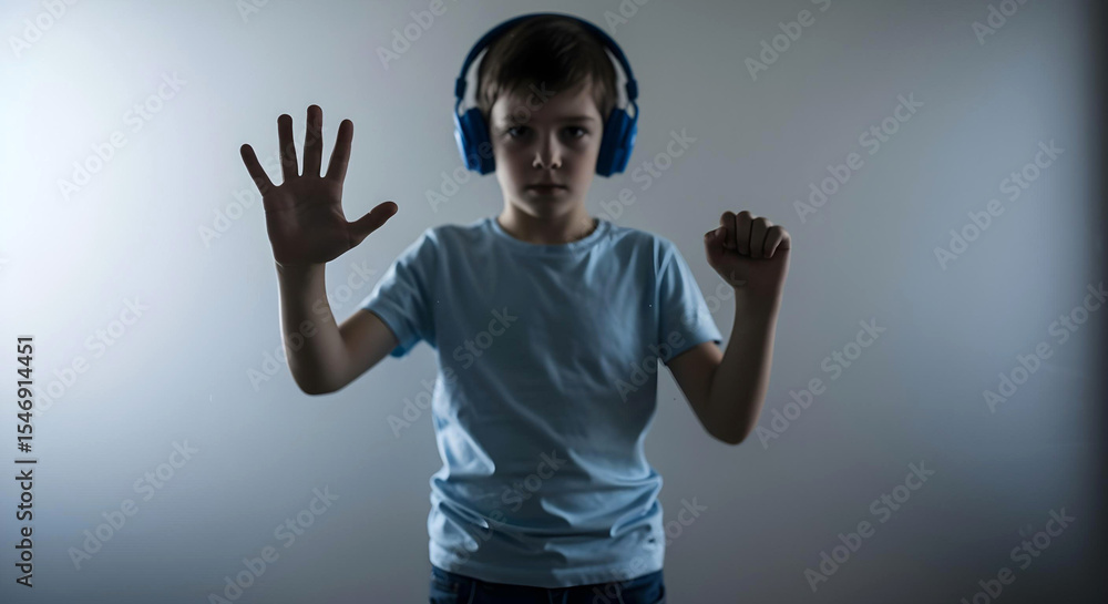 Fototapeta premium Autistic boy wearing blue noise cancelling headphones pressing palms on wet glass barrier expressing sensory overload and social isolation