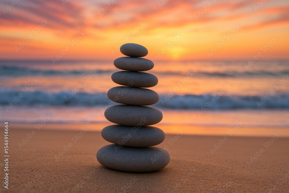 Balanced zen stone tower on sandy beach during golden hour sunset with peaceful ocean waves Balanced zen stone tower on sandy beach during golden hour sunset with peaceful ocean waves