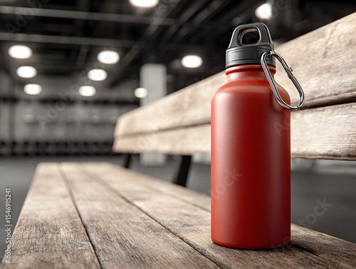Wallpaper Mural A red water bottle rests on a wooden bench inside a gymnasium with blurred lights in the background. Torontodigital.ca