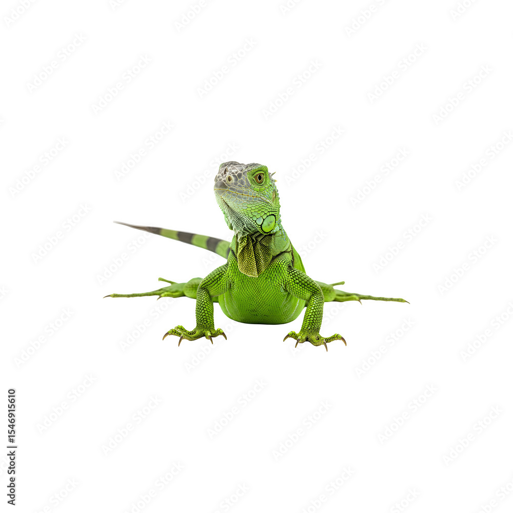 Fototapeta premium Bright Green Lizard Standing Still on White Background, Perfect for Nature Concepts
