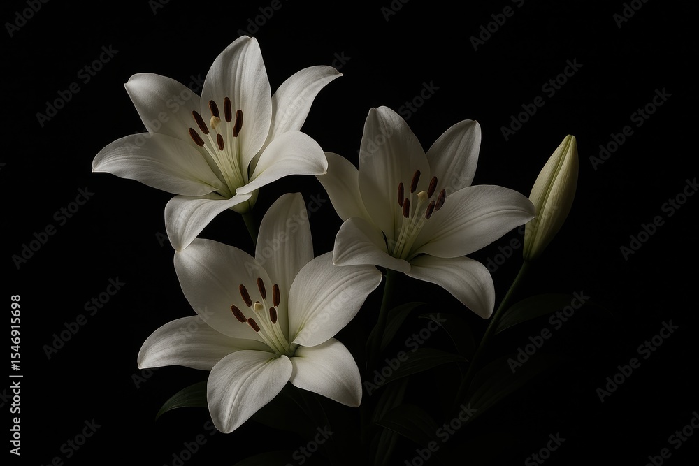 Fototapeta premium Elegant white lilies memorial arrangement with soft lighting against dark background for remembrance