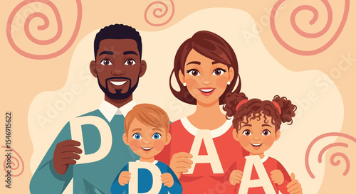 Father's day happy family holding letters dad concept vector illustration, diverse family love and togetherness design vector