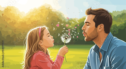 Father's day father and daughter blowing dandelion seeds together in a sunny field happy family moment outdoors art vector