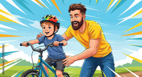 Father's day father teaching son to ride bike illustration, learning to cycle, family time, outdoor activity, safety helmet vector