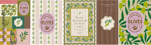 Olives. Summer italian and french mediterranean olive illustrations, vintage invitation, olive oil label, packaging, print, logo, seamless pattern for background, card and poster