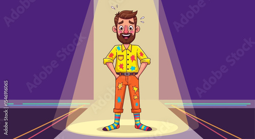 Father's day illustration of a nervous man in colorful clothing standing under a spotlight on a stage showtime vector