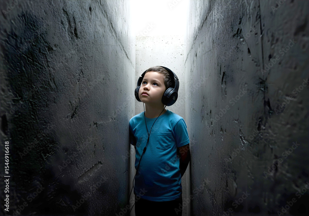 Obraz premium Autistic child boy with noise cancelling headphones in narrow concrete space showing social, emotional and sensory isolation, limited perception and hypersensitivity