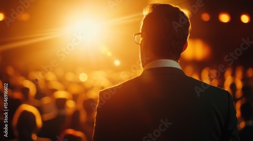 Speaker Addressing a Large Audience, Backlit by Warm Stage Lights