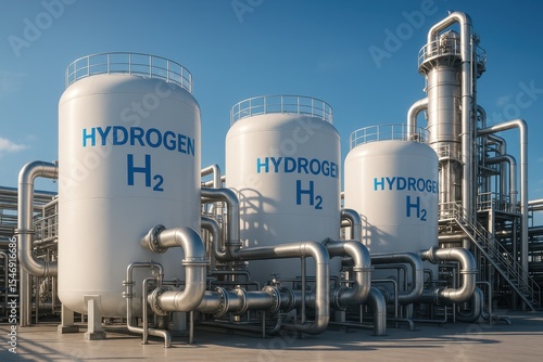 Industrial hydrogen production facility with large storage tanks and processing equipment infrastructure