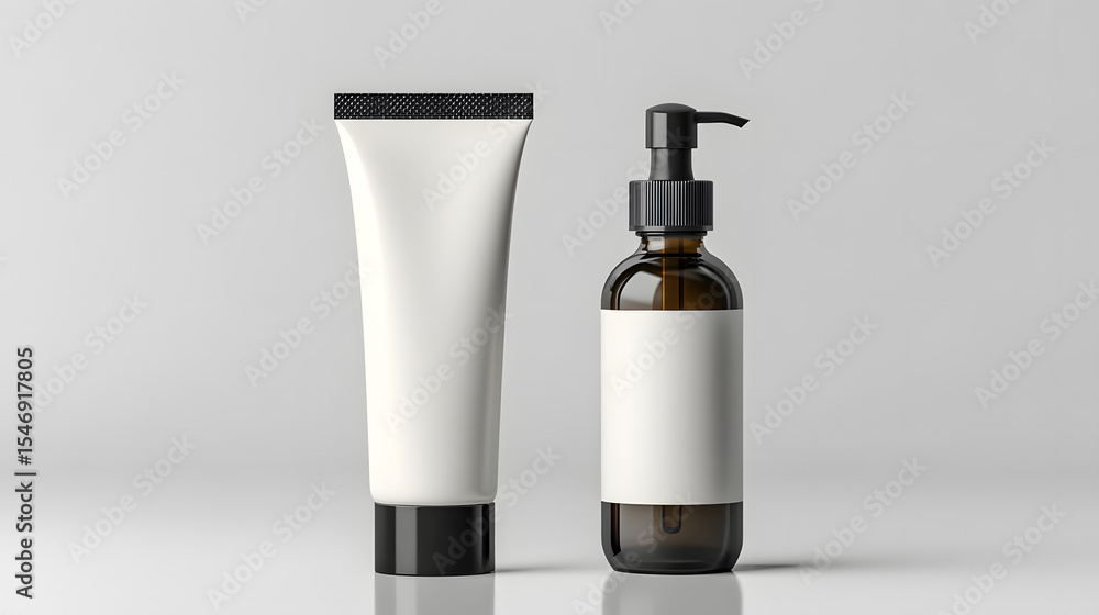 Matte white lotion tube and amber pump bottle with blank labels stand on neutral background, ideal for skincare product mockups Matte white lotion tube and amber pump bottle with blank labels stand on neutral background, ideal for skincare product mockups