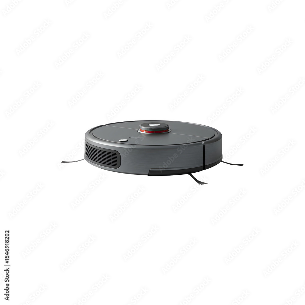 Fototapeta premium Black robotic vacuum cleaner with sensors viewed from the top on white background
