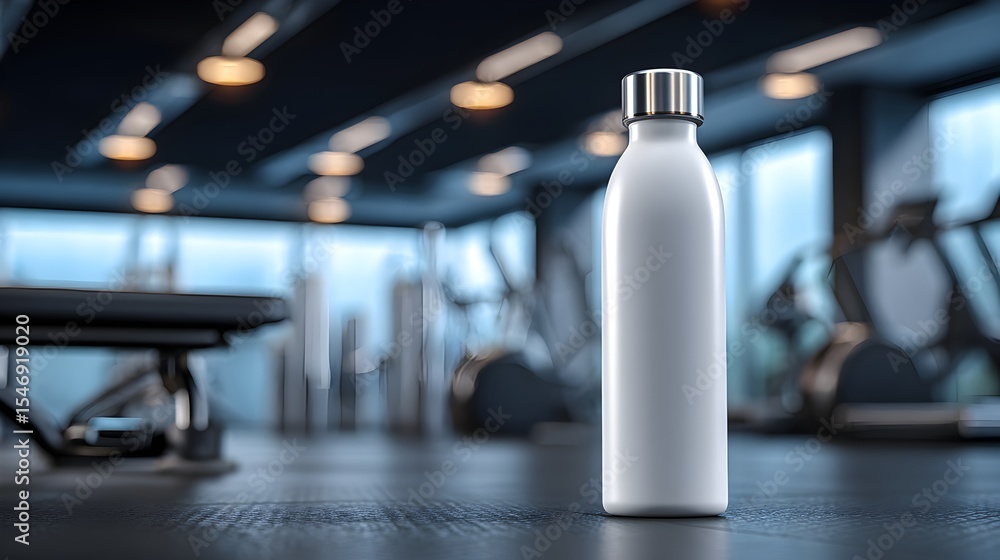 A white reusable water bottle stands on the gym floor in a modern fitness center, promoting hydration well. A white reusable water bottle stands on the gym floor in a modern fitness center, promoting hydration well.