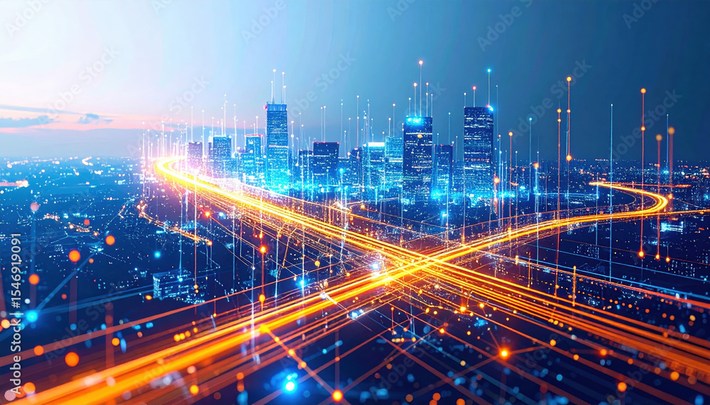 Vibrant cityscape illuminated by intricate networks of glowing orange and blue lights, showcasing dynamic flow of data and energy in urban environment Vibrant cityscape illuminated by intricate networks of glowing orange and blue lights, showcasing dynamic flow of data and energy in urban environment
