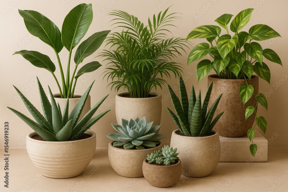 Fototapeta premium Curated collection of houseplants in artisanal ceramic containers for modern botanical interior design