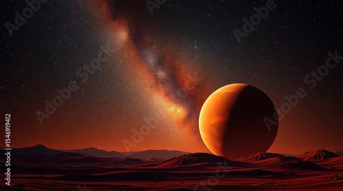 Martian Landscape with Milky Way and Rising Planet
